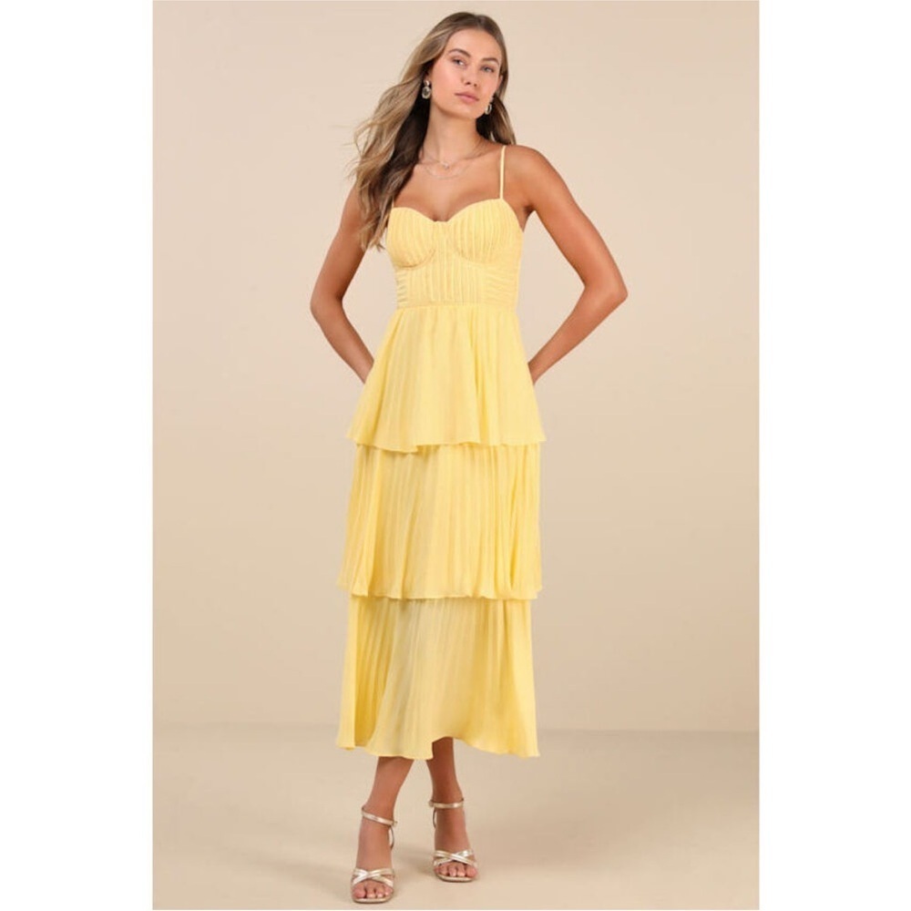 NWT Lulus Cascading Crush Butter Yellow Tiered Bustier Midi Dress - Size L